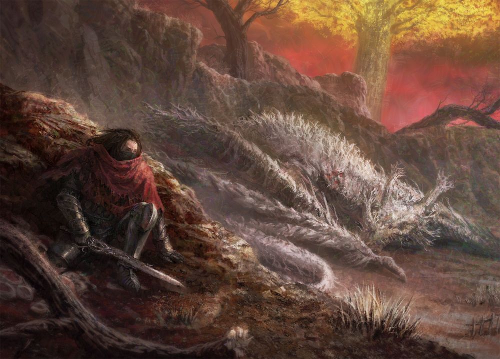 A tarnished character wearing a mixed set of equipment from Elden Ring, crouching behind a rock and weilding a sword in their right hand. They're in Caelid, watchful of Decaying Ekzykes, the Scarlet Rot dragon. We see a minor Erdtree at the back of the scene, in front of a red sky.