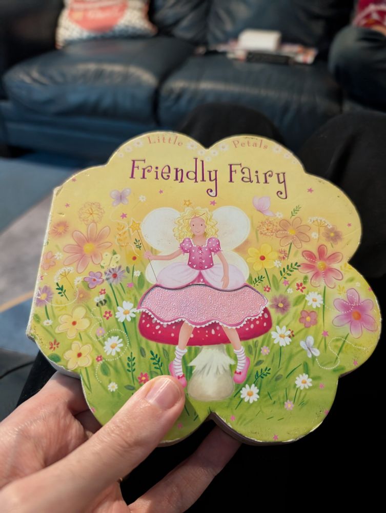 A children's book entitled 'Friendly Fairy'. The cover depicts a fairy among a field of flowers.