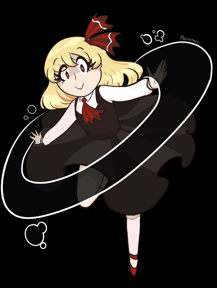 Drawing of Rumia from Touhou project flying with darkness blobs around her 