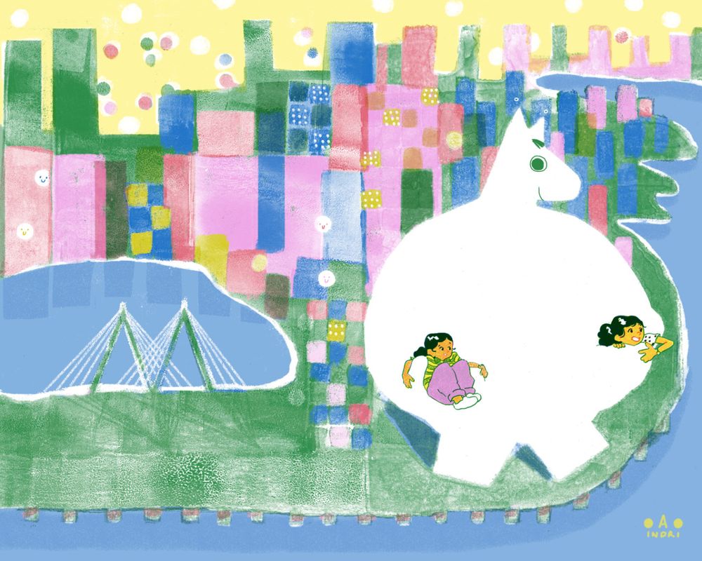 a giant creature carrying two girls over  acityscape