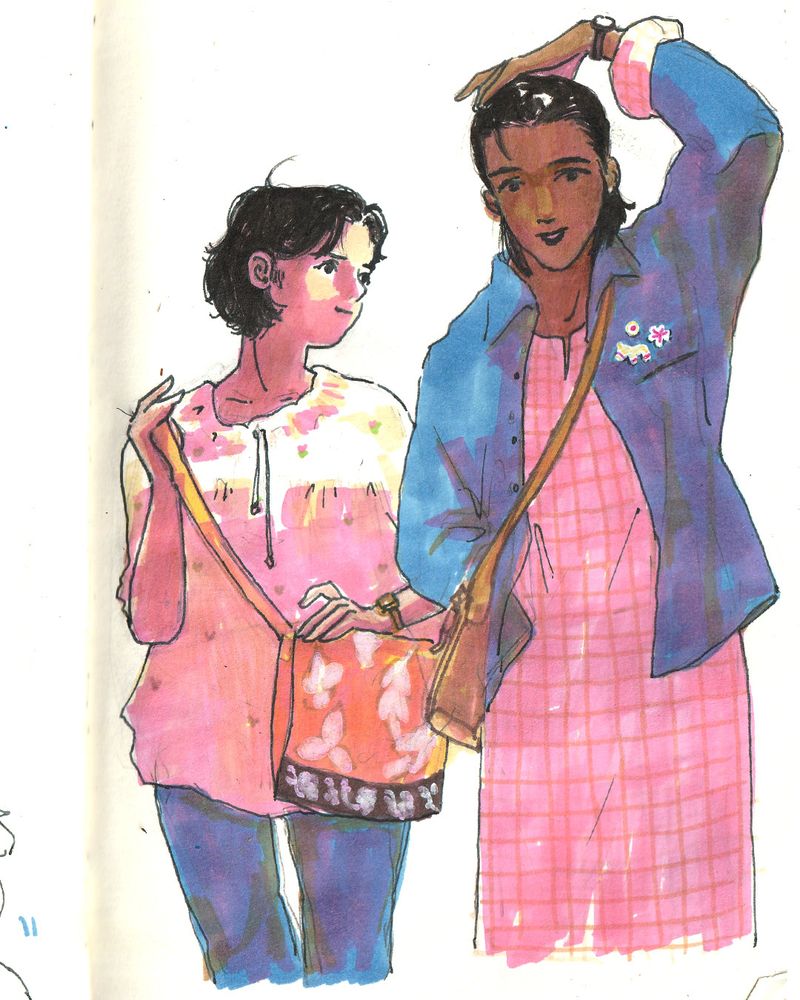 drawing of a young woman in a workshirt and kurta with her baby cousin looking admiringly at her 