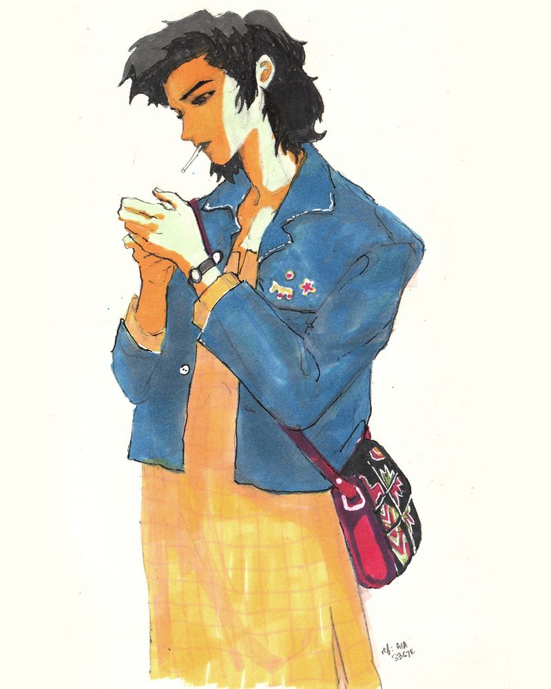 Character design of a young woman in a workshirt and kurta with a Shantiniketan leather bag lighting a cigerette