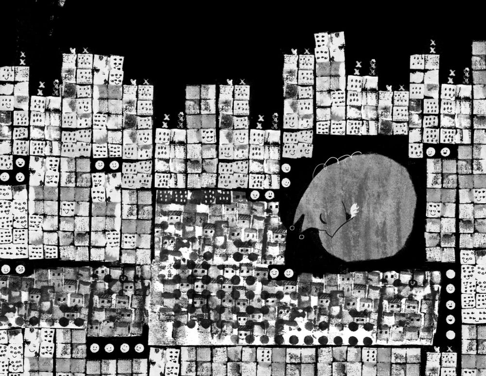 city scape made with square blocks- print- with a sleeping creature