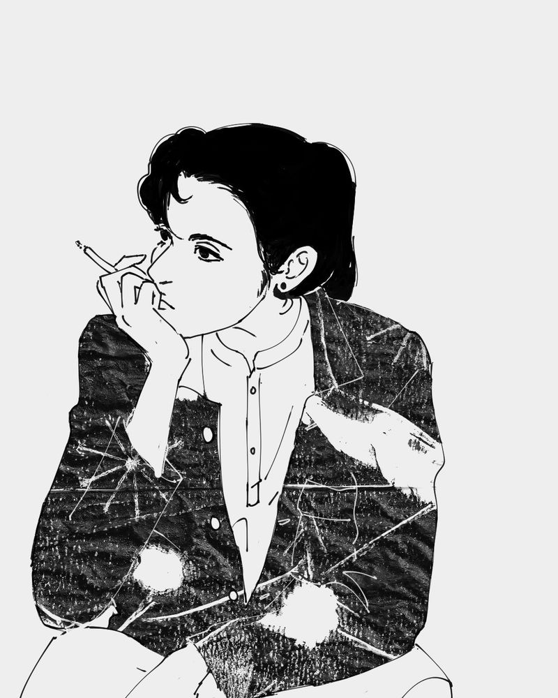black and white drawing of a woman in a patterned workshirt and kurta looking pensive with a cigarette in hand 