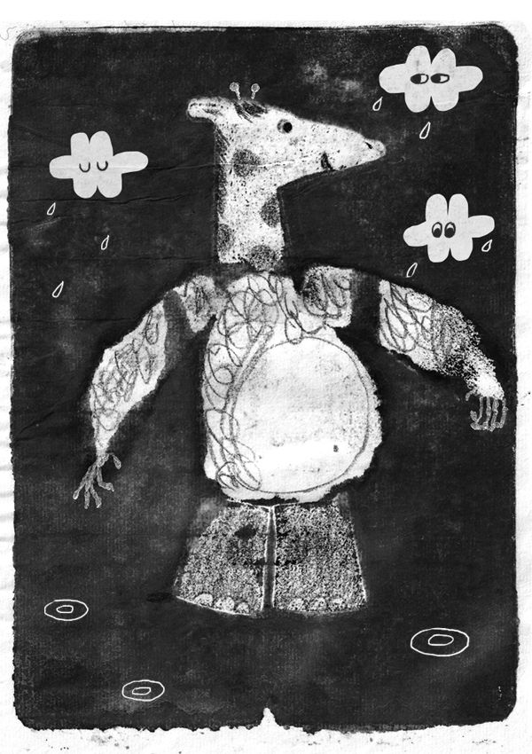 an animal chimera made of griraffe, elephant, monkeu combo walking in the rain, three clouds looking on 