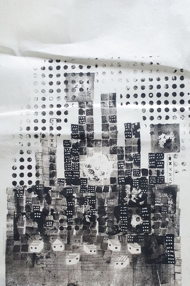 A city scape made with lego print black and white 