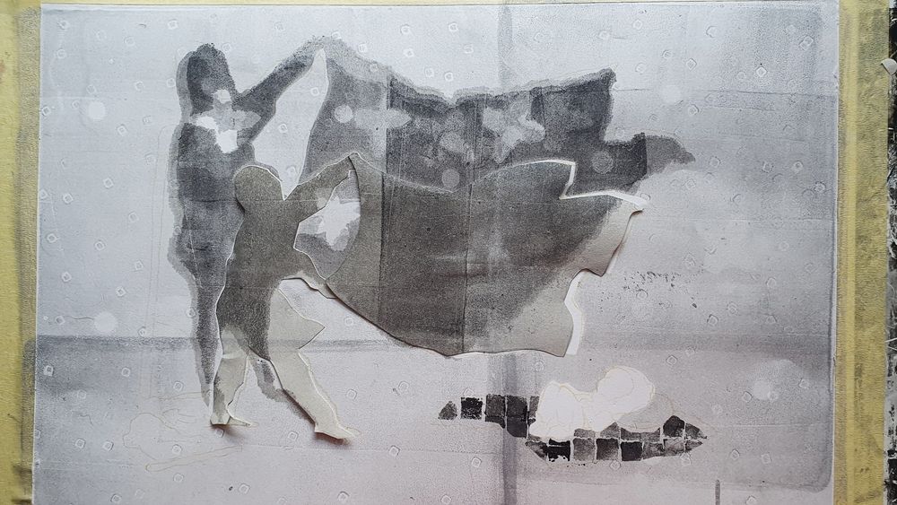 Illustration in progress. Showing a shadowy figure holding a flying Cape over a child lying on the floor looking up 
