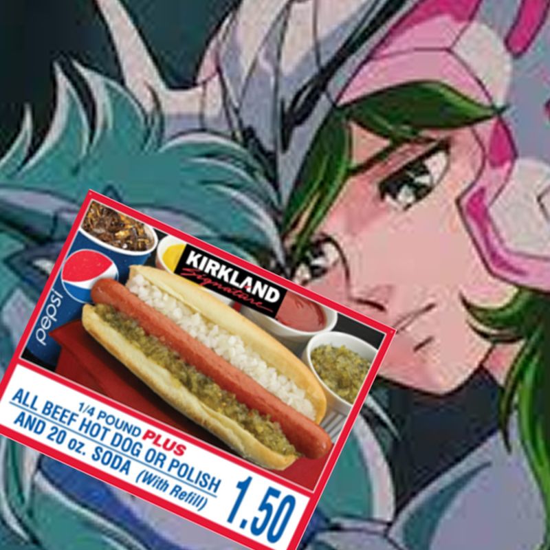the crunchy screencap from saint seiya of shun staring tenderly at a frozen hyoga but there's an image of the $1.50 costo hot dog superimposed on top of hyoga