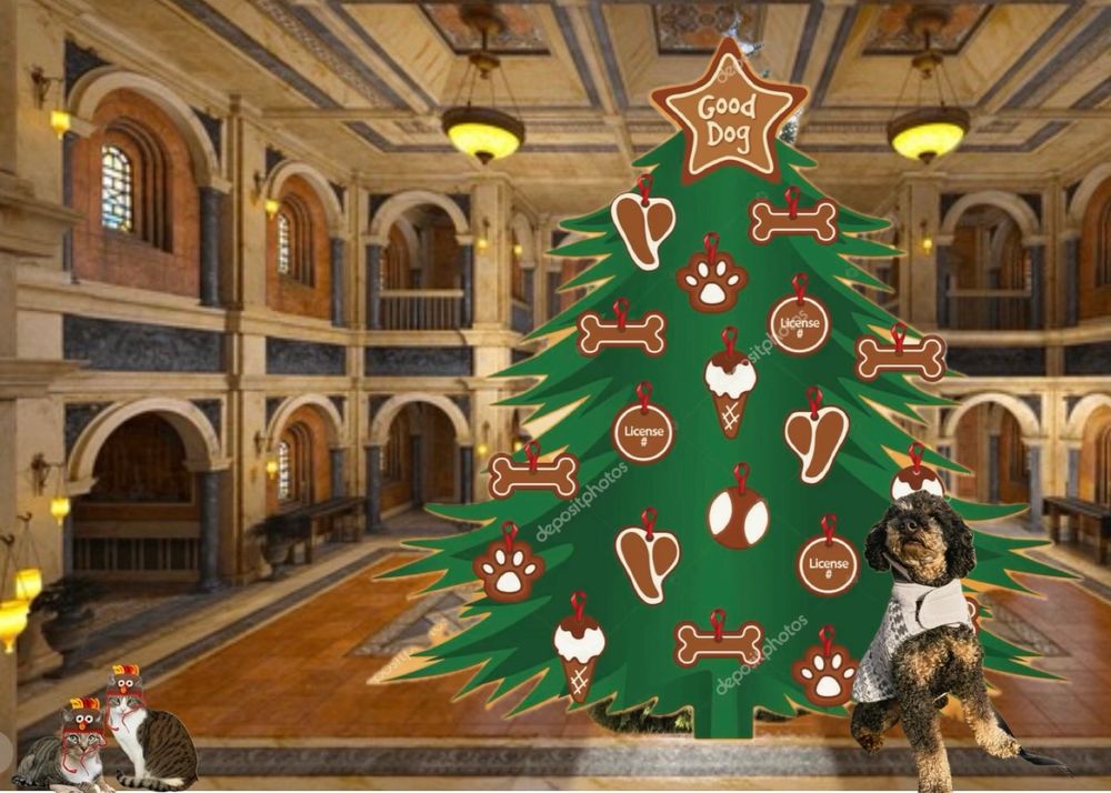 Mini poodle in front door f a Christmas tree decorated with dog treats. There are also two cute holiday cats who aren’t sure about his taste. 