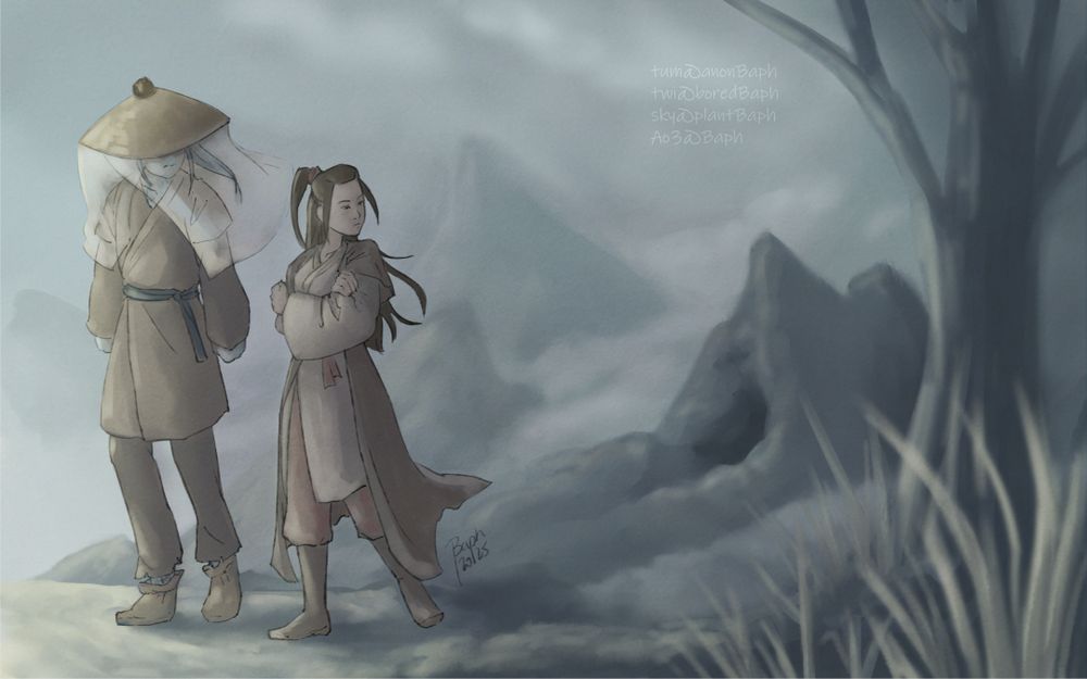 Wen Ning, wearing a veil hat, and Wen Qing walking away from Burial Mounds.