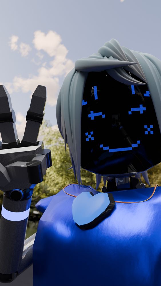 A 3d render of my Robot OC named Erika. she is taking a selfie, and doing a peace sign with her other hand