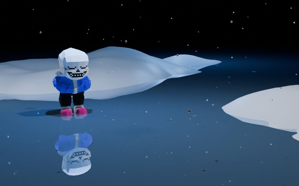 A 3D render of a low-poly sans the skeleton from undertale, resting in a snowy area