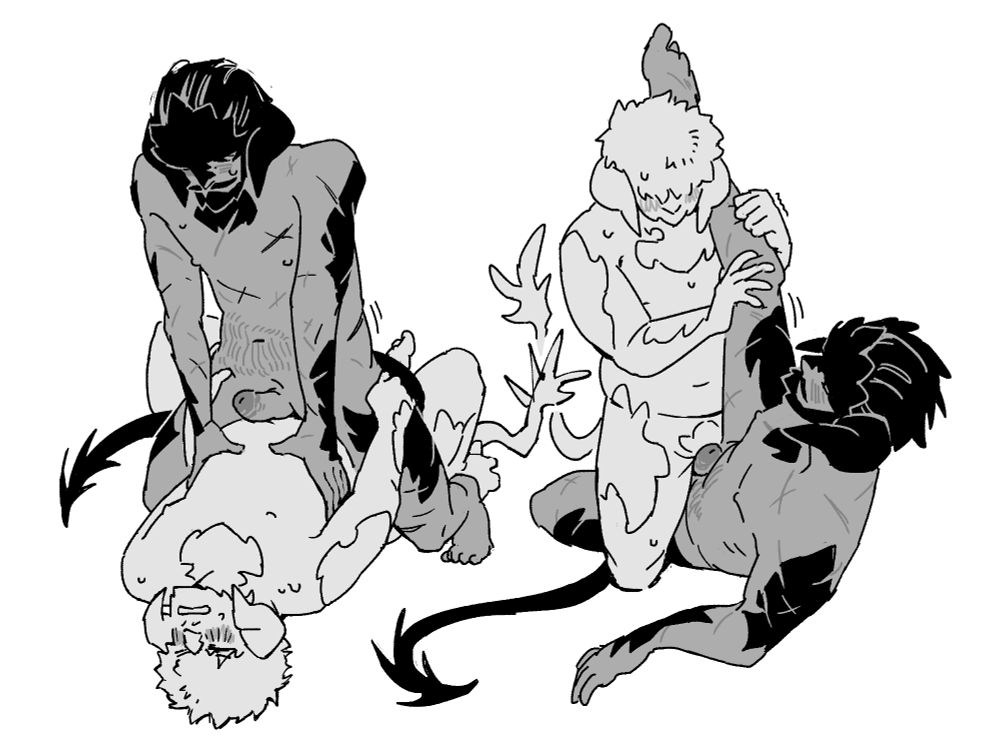 Illustration 1: Zoticus riding Saga while Saga slightly trash around.
Illustration 2: Saga fucking Zoticus in a scissor position.