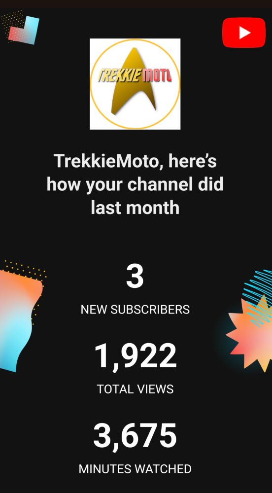 Horrible, miserable, lousy YouTube monthly summary for the TrekkieMoto YouTube channel. Just 3 new subscribers all month.