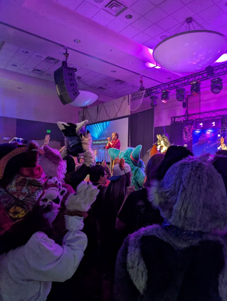 Paws and Effect singing "We Will Break The Magic" while fursuiters in the crowd take their heads off
