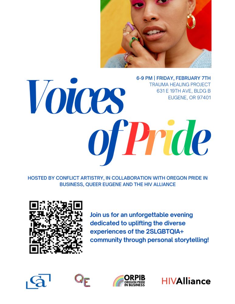 poster for Voices of Pride event, 6-9pm 2/7/25 @ Trauma Healing Project 631 e 19th ave bldg B Eugene OR 97401