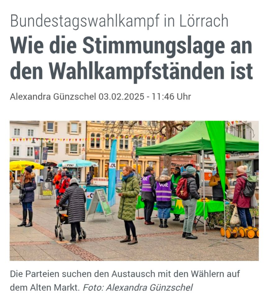 Screenshot von "Die Oberbadische" mit der Überschrift "Bundestagswahlkampf in Lörrach - Wie die Stimmungslage an den Wahlkampfständen ist". Dazu ein Bild mit Infoständen von FDP, CDU und Grünen, bei letzteren auch zwei Personen von Volt. Am Rande des Bildes am Stand der Grünen mehrere Pedalos.