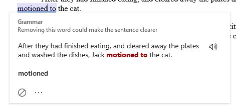 Grammer suggestion in word to change "Jack motioned to the cat" to "Jack motioned the cat"