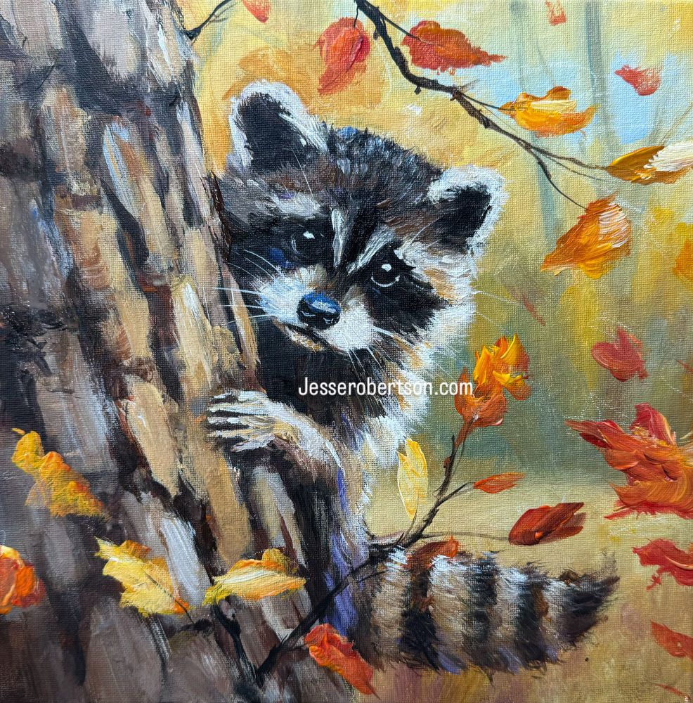 Cute raccoon peeking out from behind an autumn tree, acrylic painting 