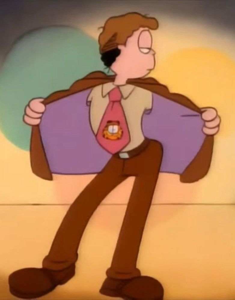 jon arbuckle in a cunty little pose opening his jacket to show off a tie with garfield on it