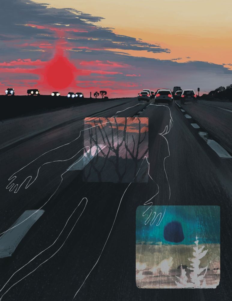 a deep pink sunset over interstate-80, with boxes inset depicting dead trees and an inverted sun. the outline of a figure hangs over the lanes. 