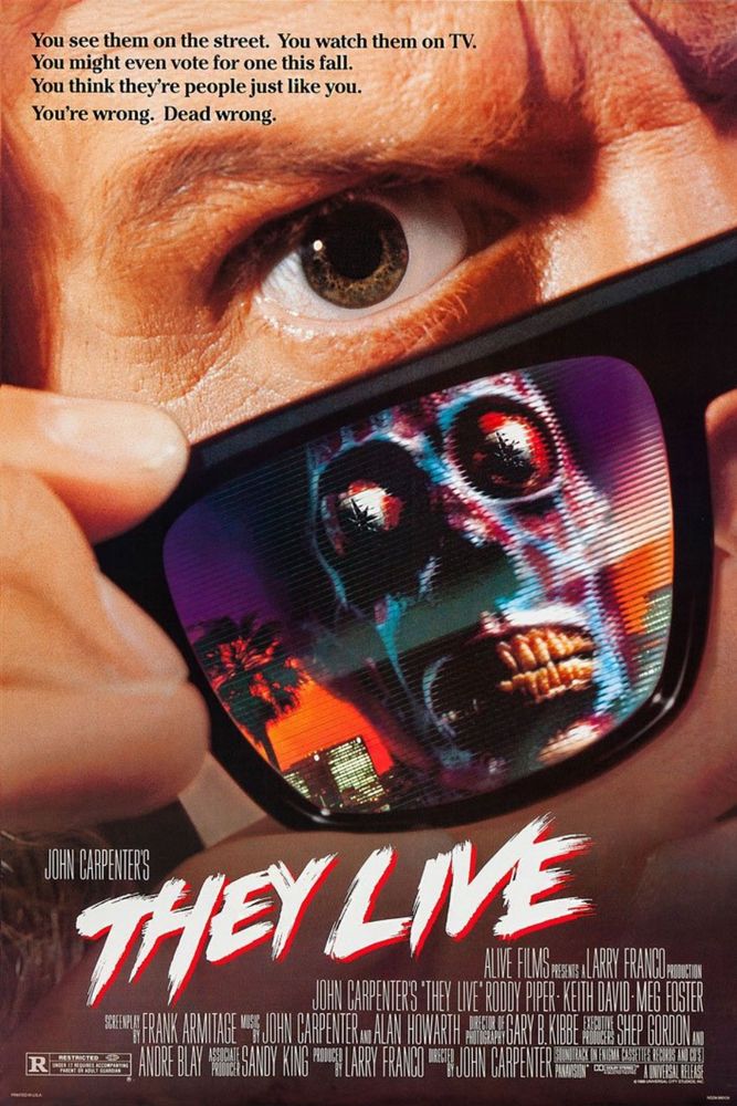 the poster for 1988’s They Live, depicting a spooky consumerism alien invader reflected in some dude’s sunglasses