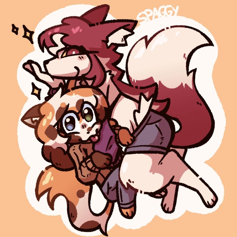 A calico cat wearing a sweater and jeans posed in between a taller arctic fox with white fur and magenta hair 
