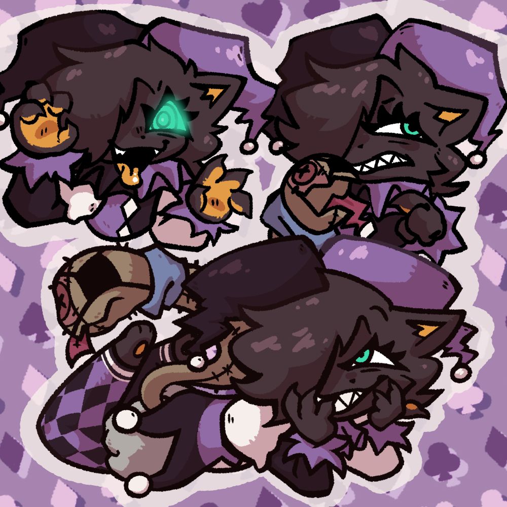 Three drawings of a black anthropomorphic cat with hair covering her right eye. She's wearing a black and purple jester's outfit with white highlights.