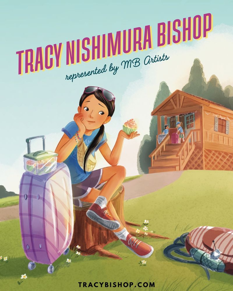 Teen girl sitting on a tree stump. Her travel case is next to her and she’s holding a cupcake. Background has a camp cabin with a couple of campers. 