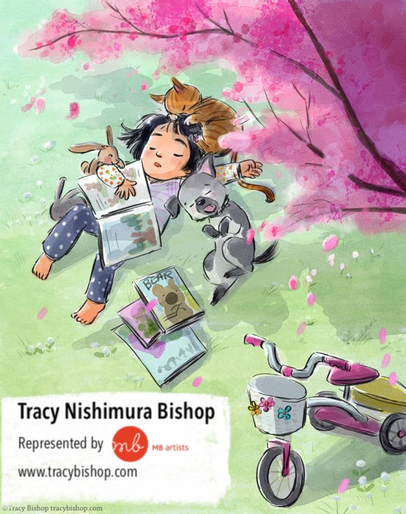 Illustration of a child napping under a cherry tree in full bloom with a kitten and puppy. 