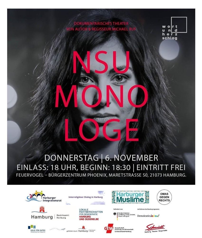 Bild eines Frauenkopfes als Hintergrund, Text: NSU MONOLOGE
Donnerstag 6.November
Einlass 18 Uhr, Beginn 18.30 Uhr, Eintritt frei
Darunter die Logos der Veranstalter und Unterstützter