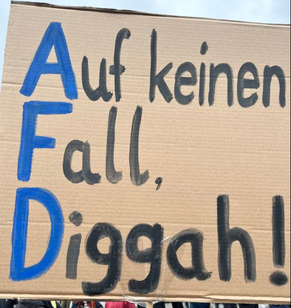 selbstgemaltes Plakat auf Pappe. Links untereinander in blau die Buchstaben A, F, D. Mit den schwarzen Buchstaben daneben ergibt es den Text: Auf keinen Fall, Diggah!