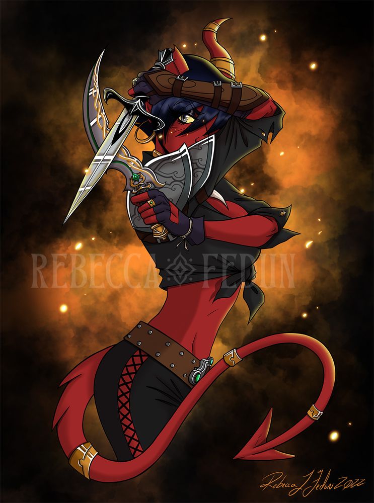 A red-skinned tiefling woman brandishing two daggers.