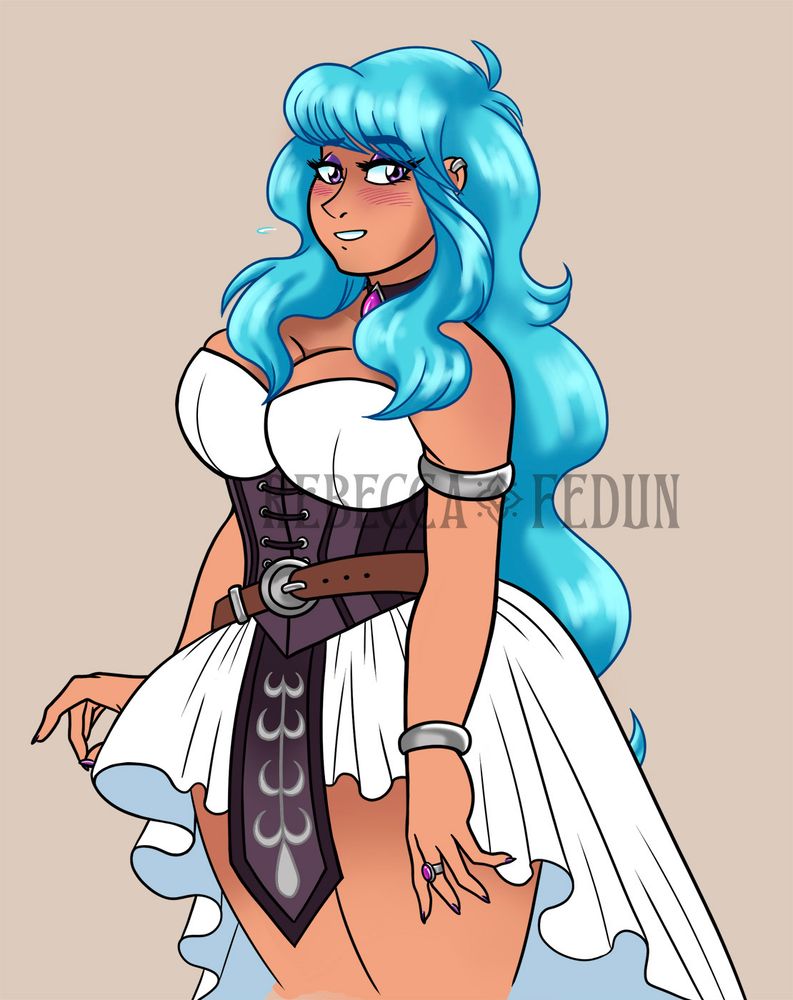 Colored & more polished digital drawing of a curvy anime-style woman with long bright blue hair, a corset and flowing skirt.