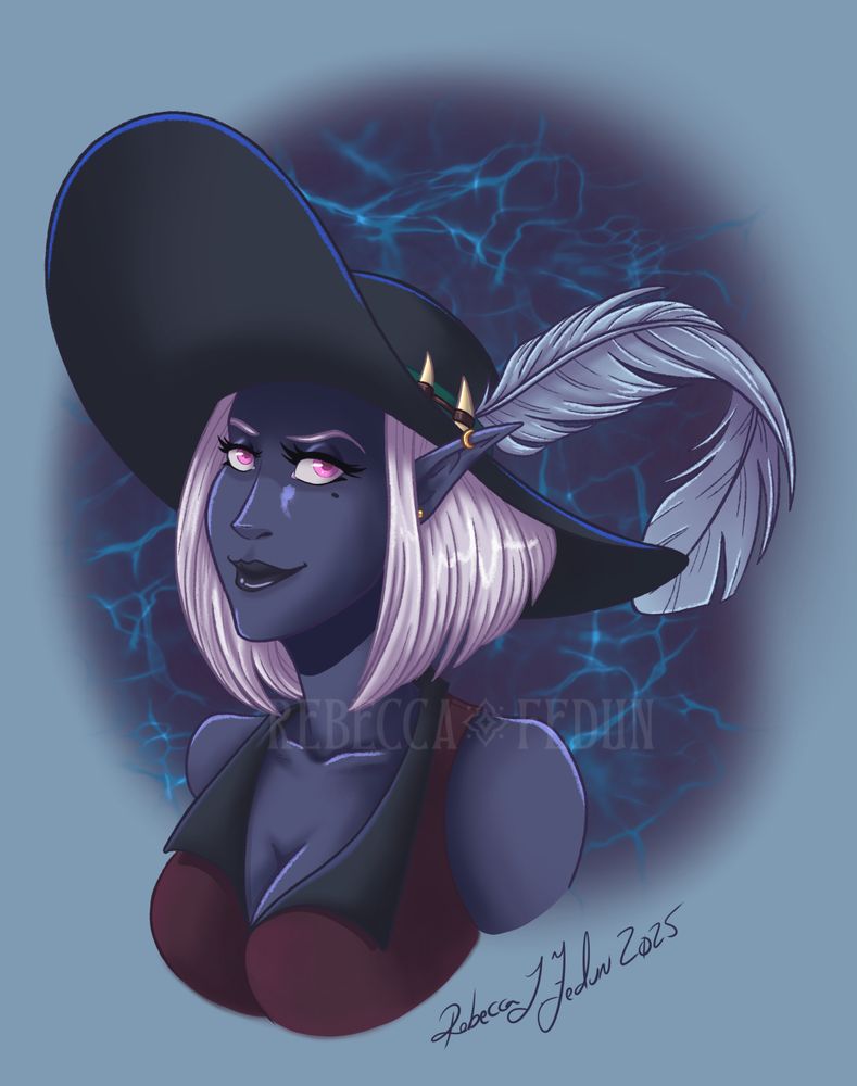Digital portrait of a drow woman in a large-brimmed hat decorated with fangs and a feather. She wears gold earrings and her white hair is cut into a bob.