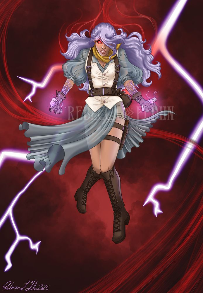 Imogen Temult (Critical Role campaign 3, Bell's Hells) levitating into the red storm. Purple lightning crackles around her open hands and up her arms as the storm swirls around her, a large crack of lightning piercing the sky behind her.