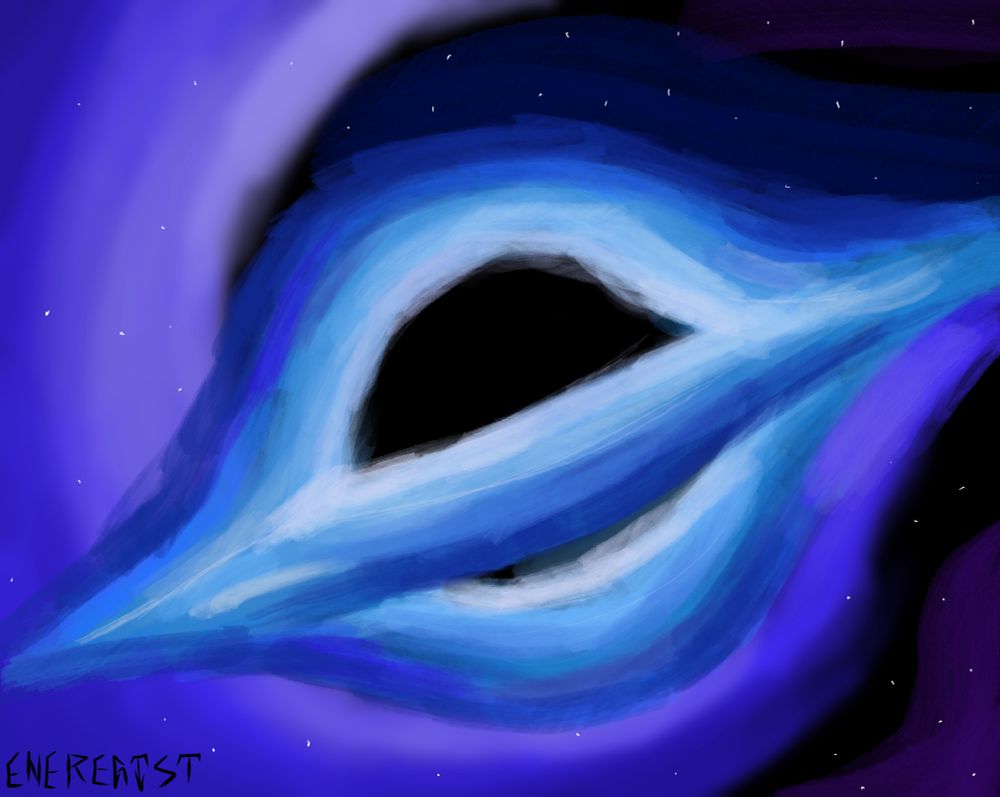 A supermassive black hole with a blue accretion disk, absorbing a nebula.