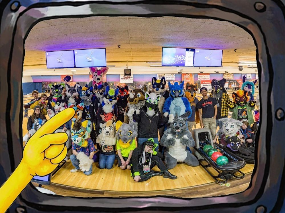 A group of furries posing at a bowling alley, framed by a cartoon window with a pointing hand.