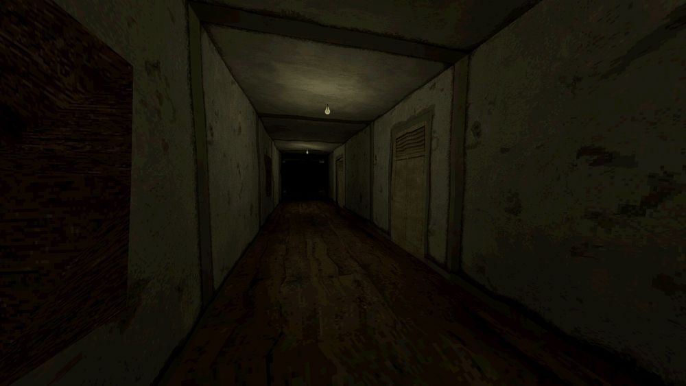 Decaying underground hallway leading to darkness in ps1 graphics