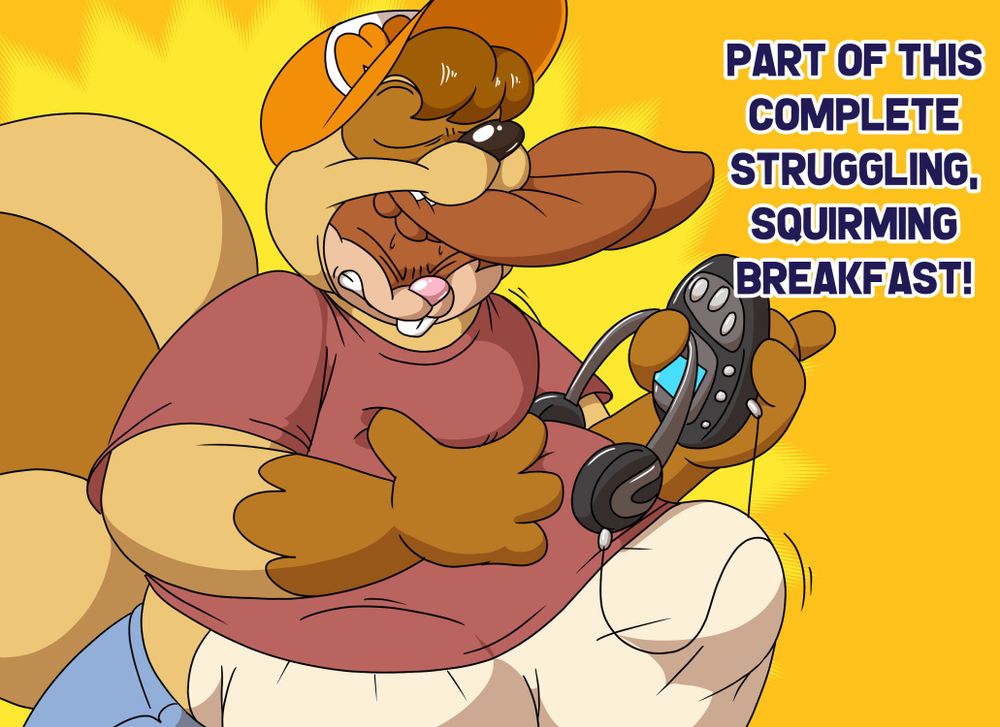 Boomer (Raccoon) voring Quicky the Nesquik Bunny.
TEXT: Part of this complete struggling, squirming breakfast!