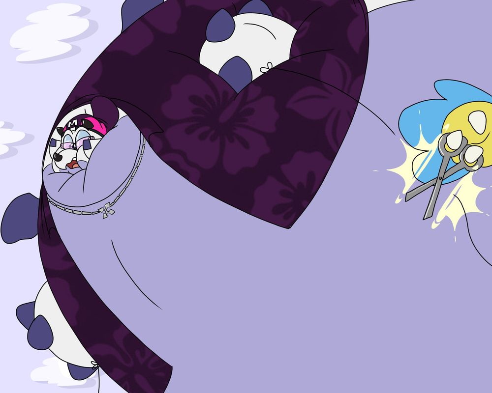 Gammamon (Digimon) OC tied up and inflated huge and tight with a bit of fear in their face as their string tying them down is cut, pretty much them floating away in the sky