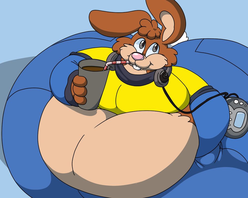 Very fat Nesquik bunny rabbit, in perspective