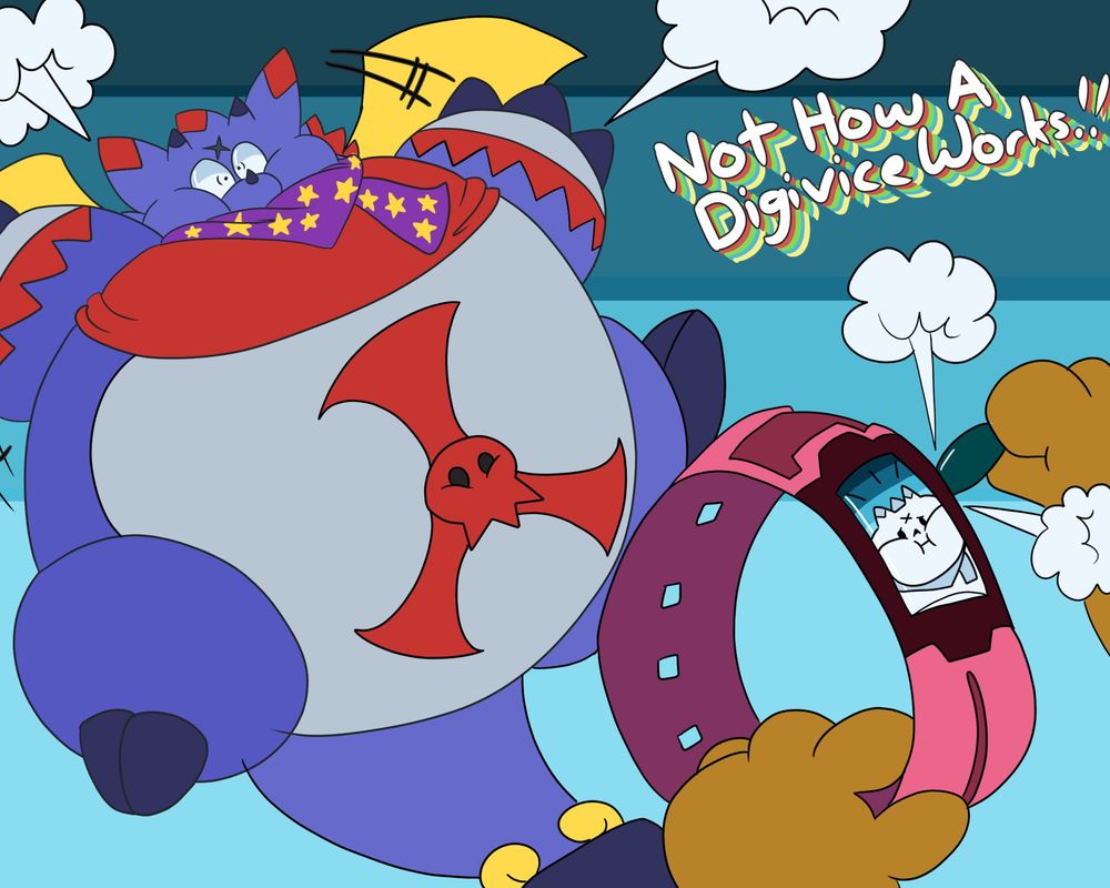 Inflated Anthony (Gammamon/Gumdramon).  Boomer (Raccoon) can be seen putting a little air hose into a pink digivice
TEXT: NOT HOW A DIGIVICE WORKS!!!