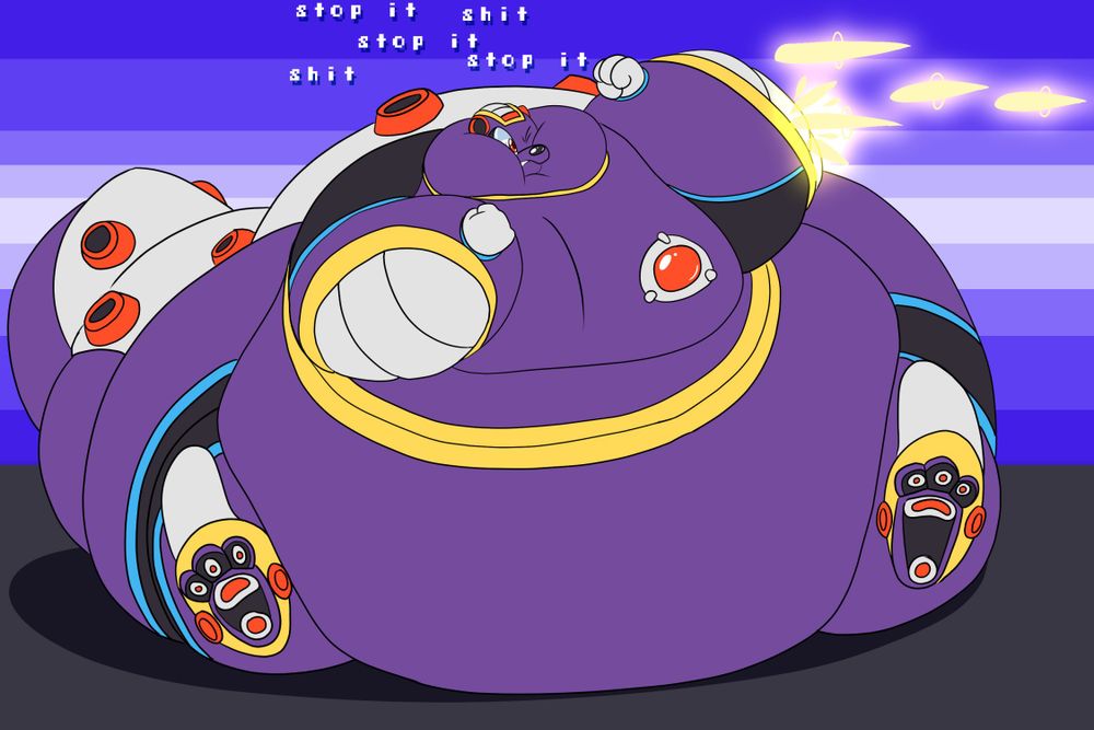 Very fat Armored Armadillo (Megaman X) blocking shots with his shield
TEXT (Armadillo): Stop it shit stop it shit stop it