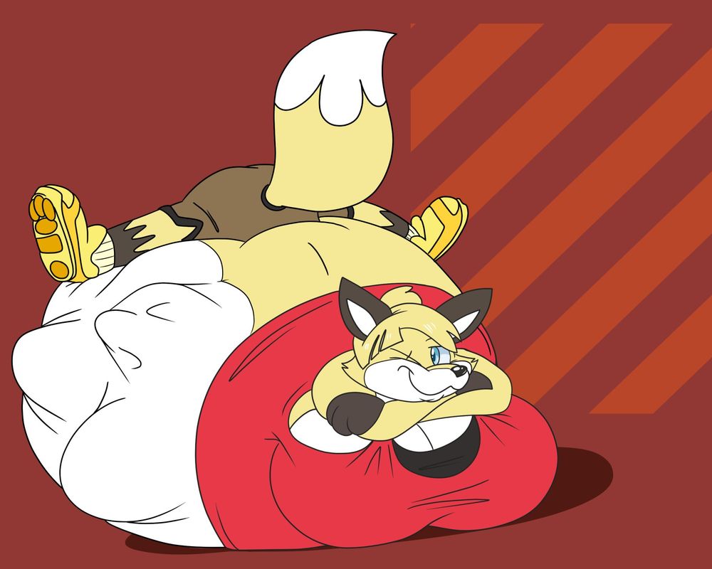 Beca (Fox) having eaten a guy, who is clearly bulging out and trying to escape.  She looks pretty happy about it.