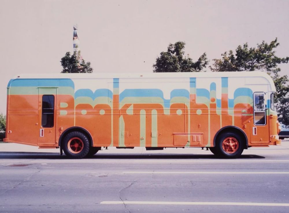 Color photo of a bookmobile truck with awesome 70s style lettering on the side