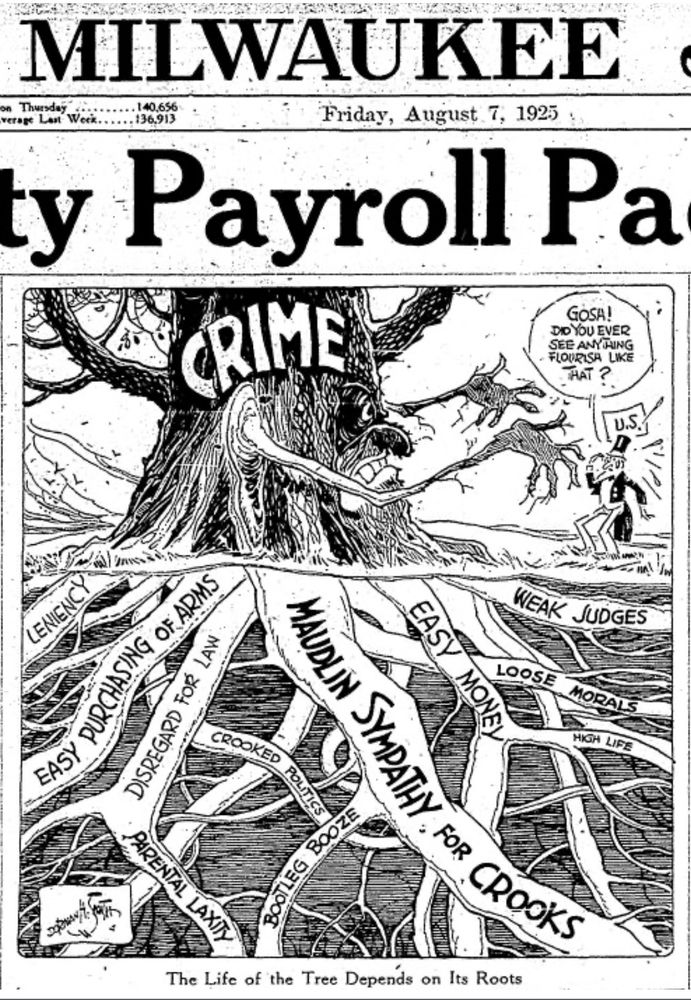 A cartoon on the front page of the Milwaukee Journal on 8/7/1925 showing a tree labeled “crime” trying to grab Uncle Sam and the root system of the tree labeled with things like “maudlin sympathy for crooks” and “easy purchasing of arms.” The caption reads “The Life of the Tree Depends on Its Roots”