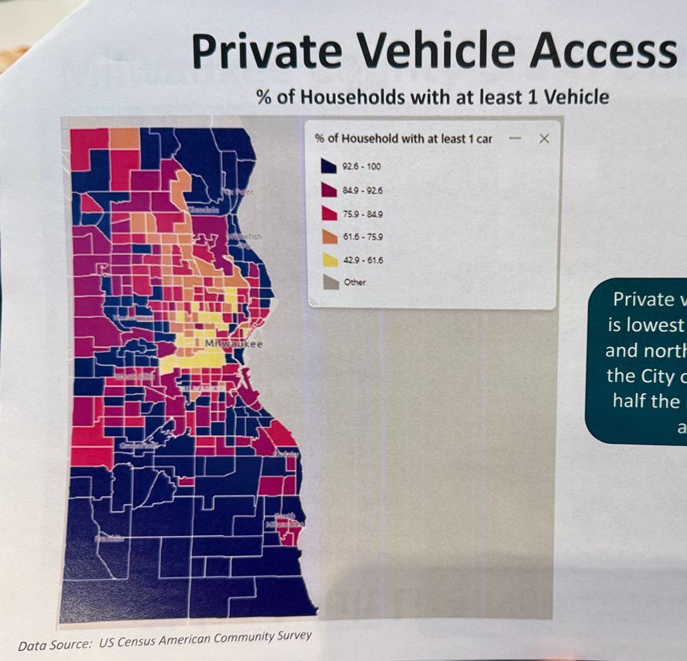 Map showing access to a vehicle across Milwaukee County with the lowest rates of access on parts of the north and near south side 