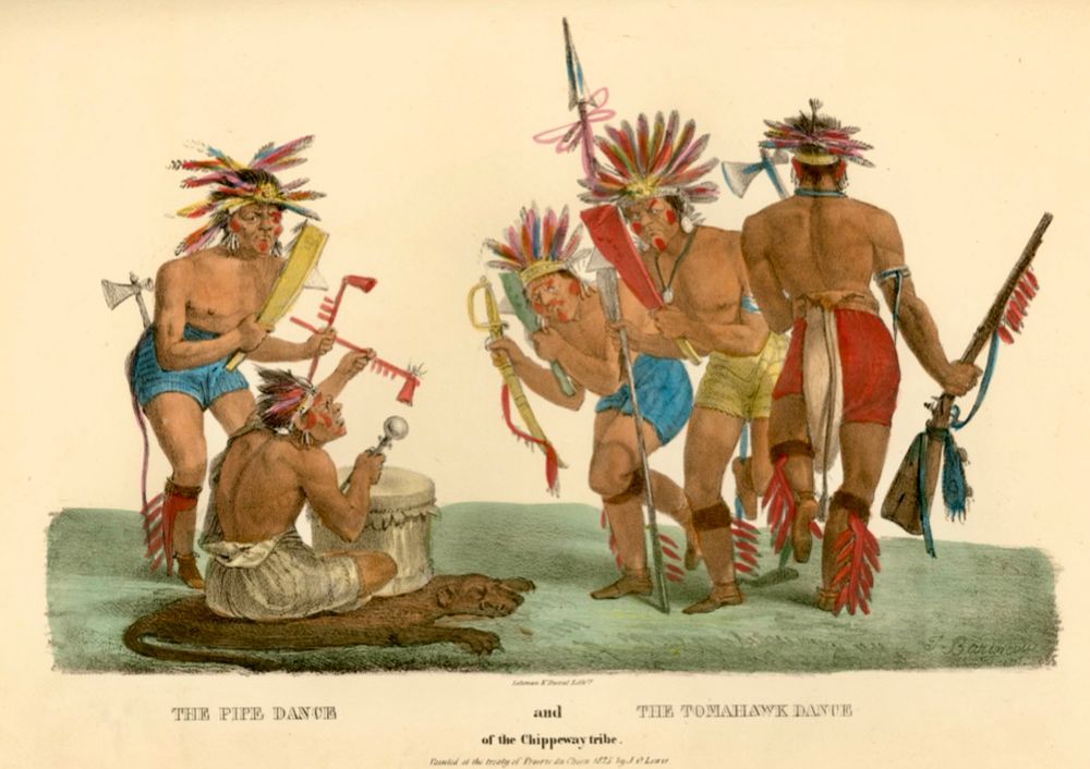 Painting of a group of Native American leaders with caption reading “THE PIPE DANCE
and of the Chippeway tribe. THE TOMAHAWK DAYUE”