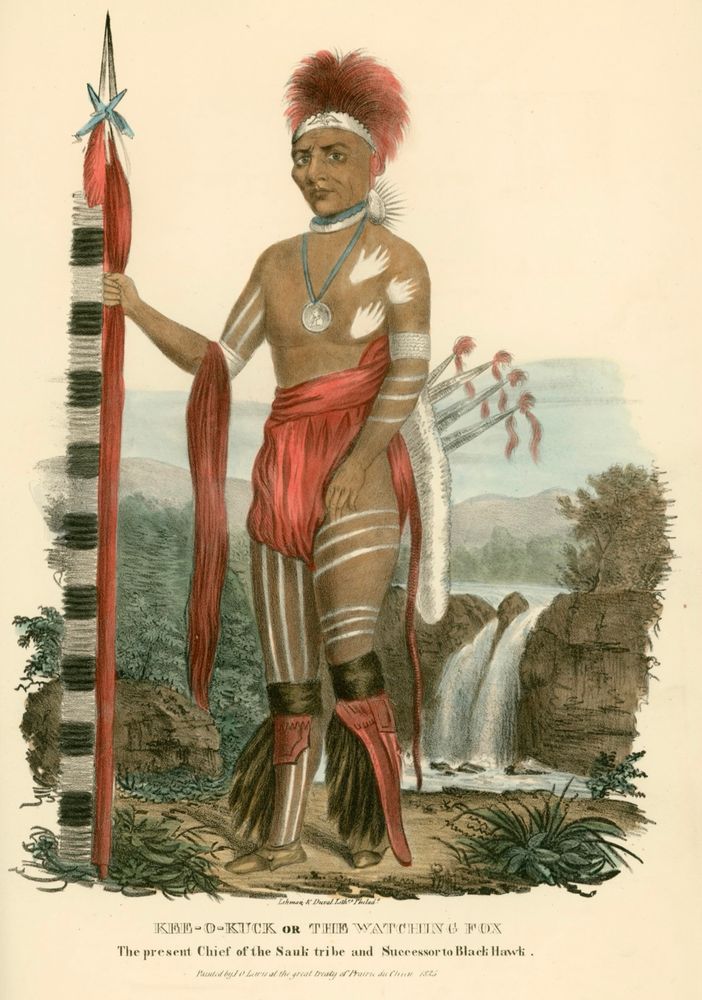 Painting of a Native American Chief with caption reading “named “KED-O-KUCK” OR THIS WATCHING TOX The present Chief of the Sauk tribe and Successor to Black Hawk.”